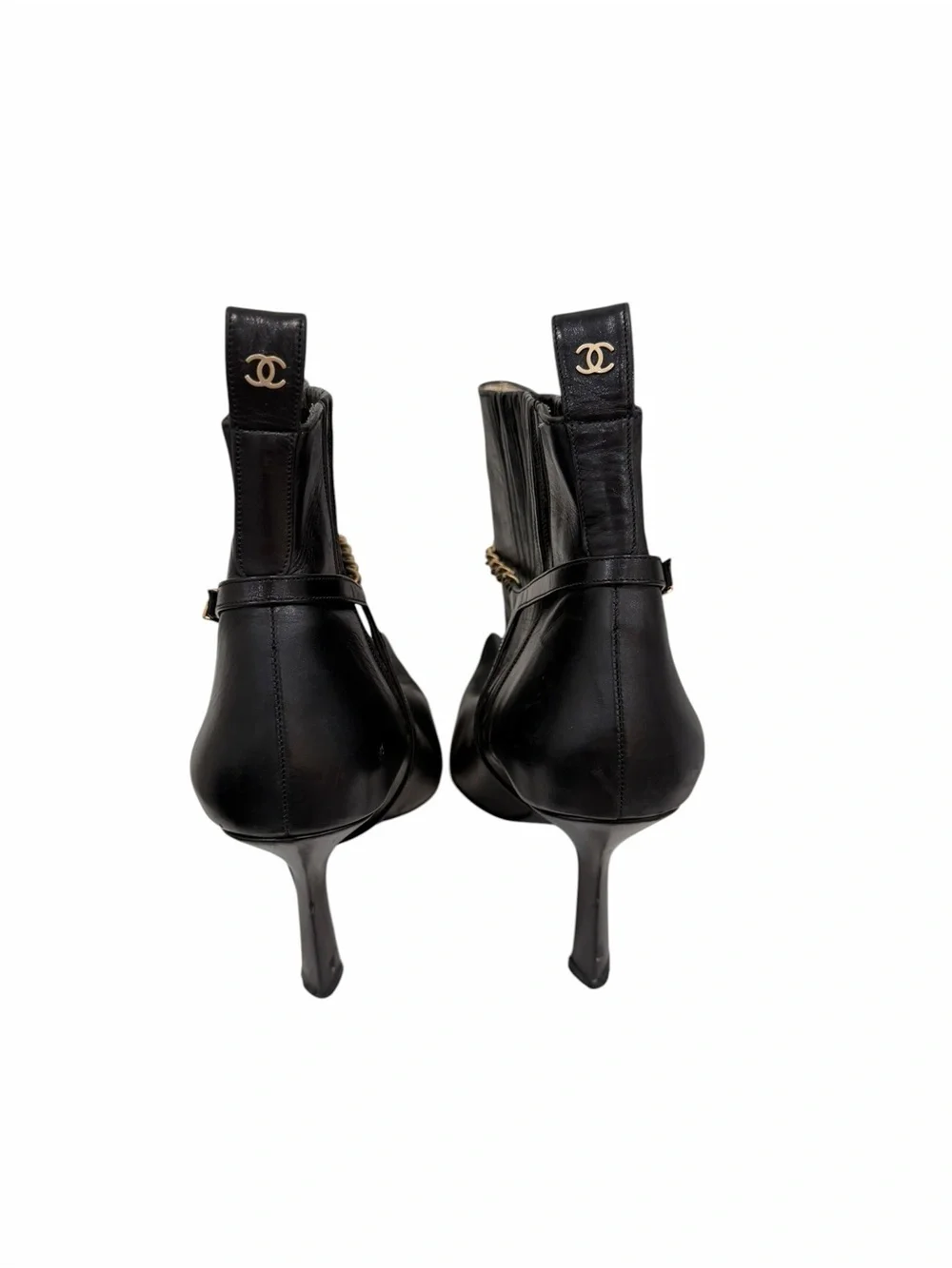 CHANEL Black Leather Chain Strap Pointed Toe Ankle Boots Booties